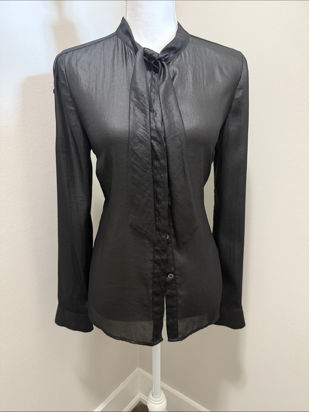Karen Millen Black Sheer Tie-Neck Blouse